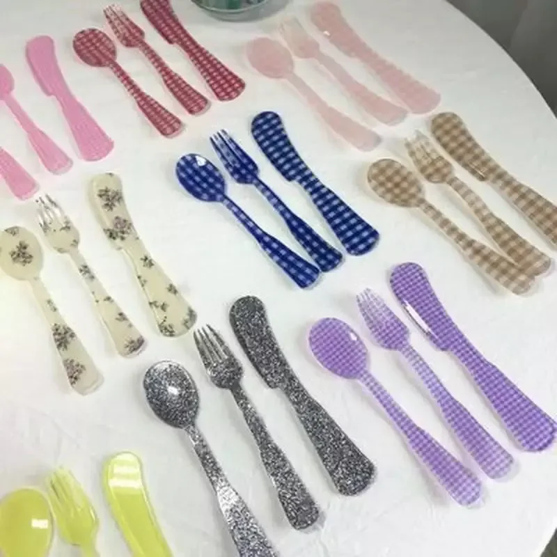 Plastic Dessert Tray Acrylic Cake Dish Grid Pattern Spork Floral Plates Decorative Wedding Party Birthday Fruit Plate Spoon Fork fruit plate,plastic dinner plates