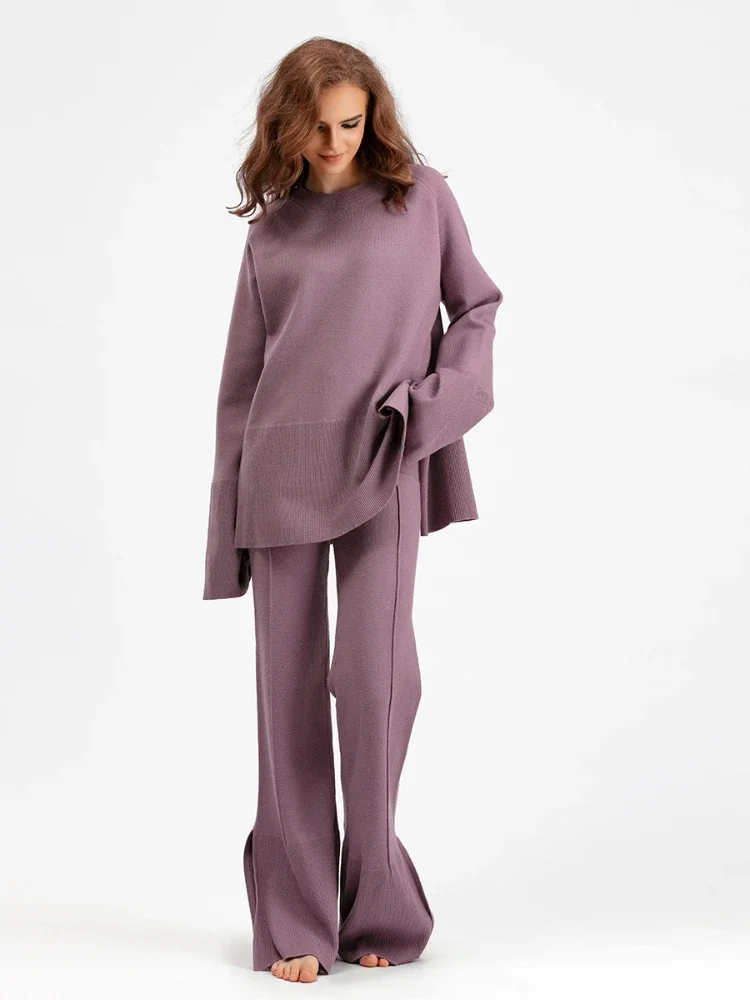 

Two Piece Set Women Outfit 2023 Solid Loose Round Neck Flare Sleeve Casual Split Pant Sets for Women 2 Pieces