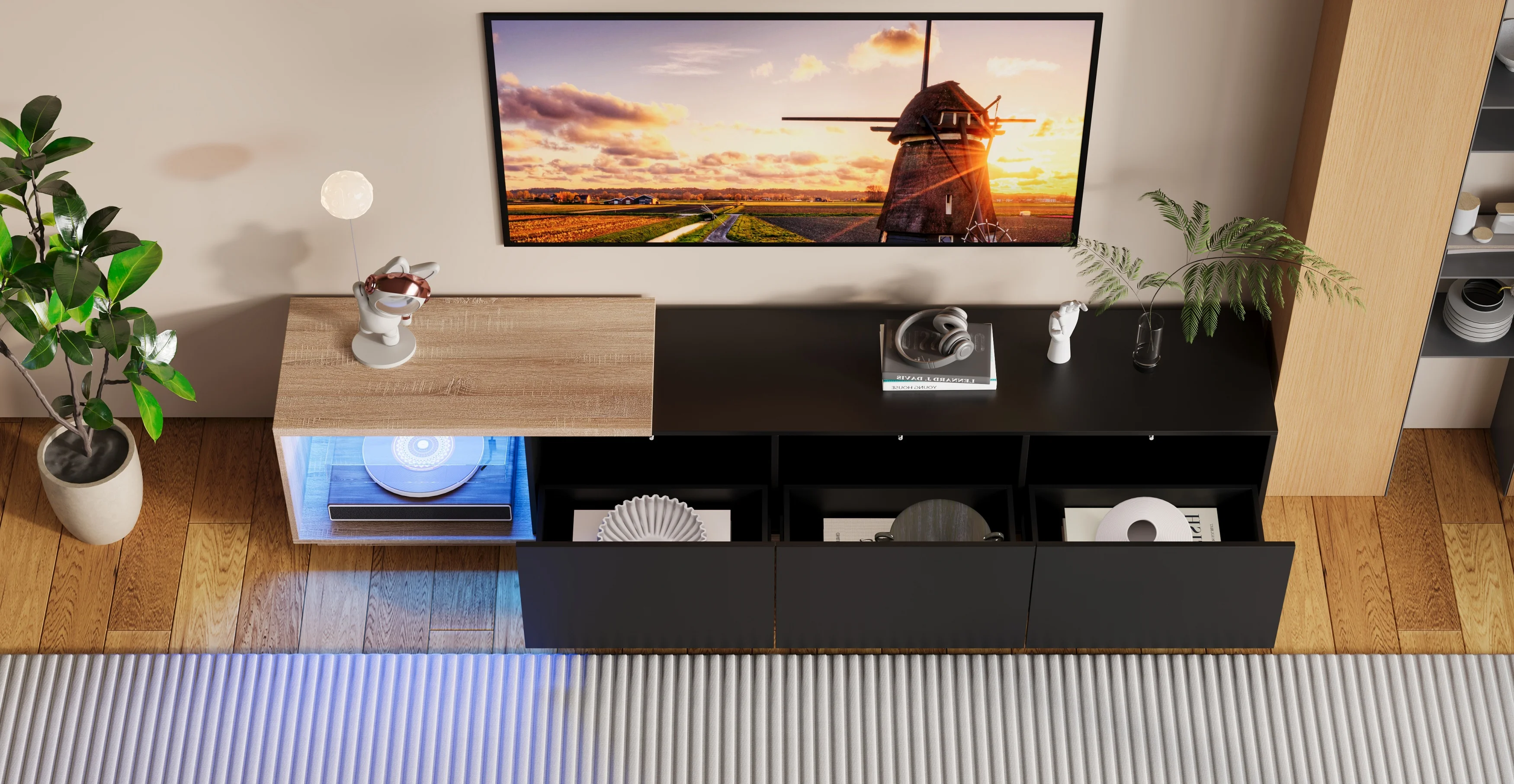 Roshanda TV-Schrank mit LED, 240 cm, TV-Ständer mit 3 Schubladen, TV-Regal für Fernseher bis zu 65 Zoll, für Wohnzimmer, Schlafzimmer, Weiß/Schwarz – Detail 8