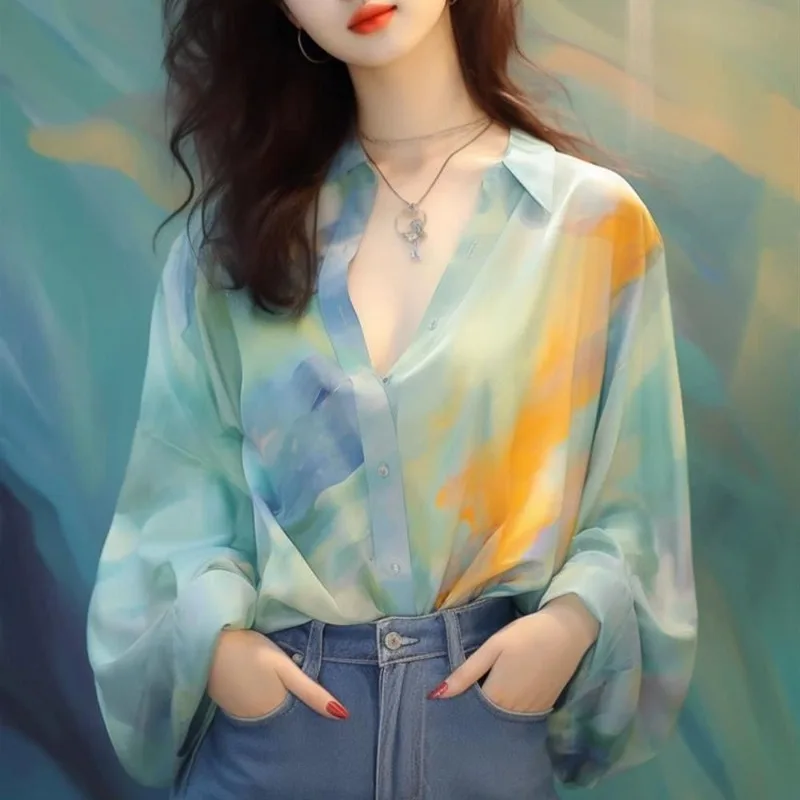 Women's Spring 2024 New Retro Thin Colorful Chiffon Blouses Sweet Chic Tie Dye Long Sleeve Polo-Neck Single-breasted Shirts Tops