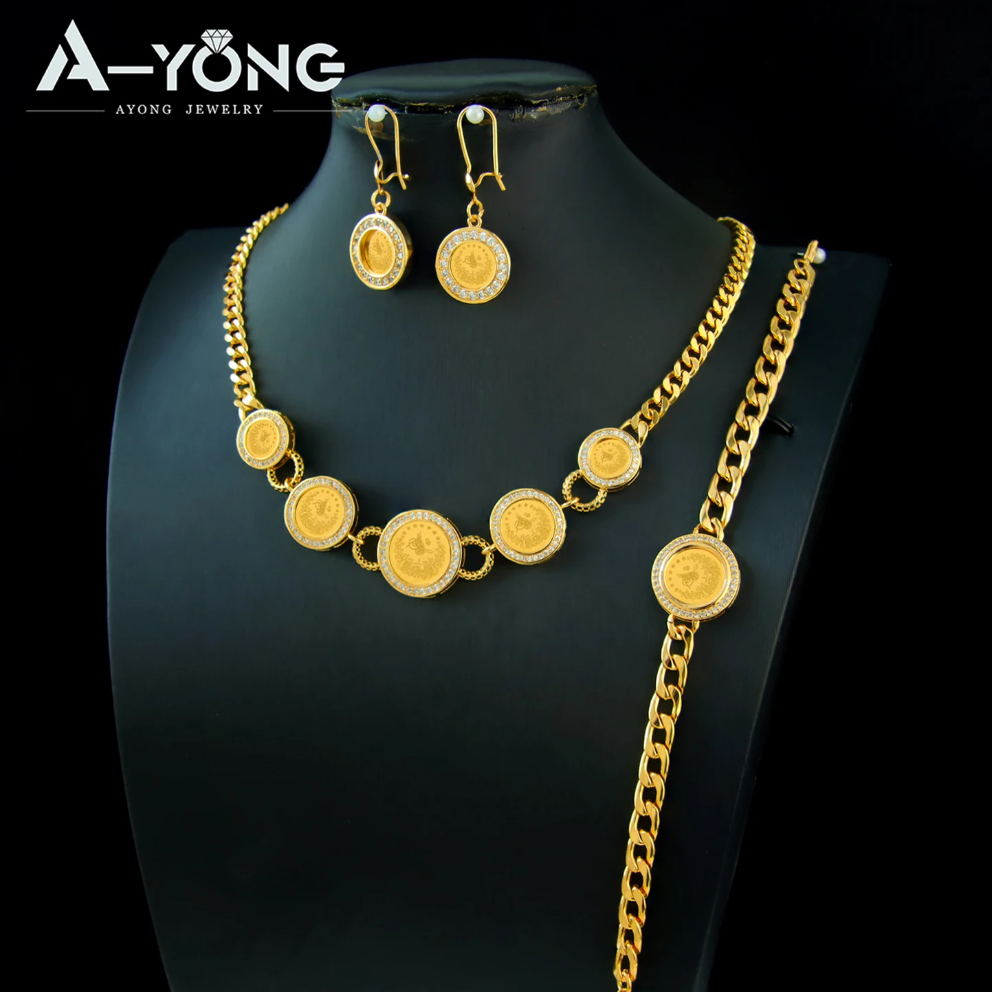 金色ネックレスとコインのセット ドバイヴィンテージコインチャームジュエリーセット 21 18k  ゴールドメッキトルコブライダルジルコニアネックレスナイジェリアイスラム教徒の女性のウェディングジュエリー - AliExpress