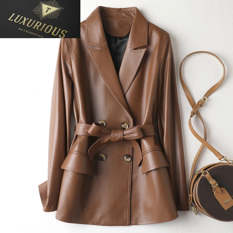 

Vintage Brown Sheepskin Blazer Jackets for Women 2023 Lapel Collar Double Breasted Button Ladies Real Leather Coats