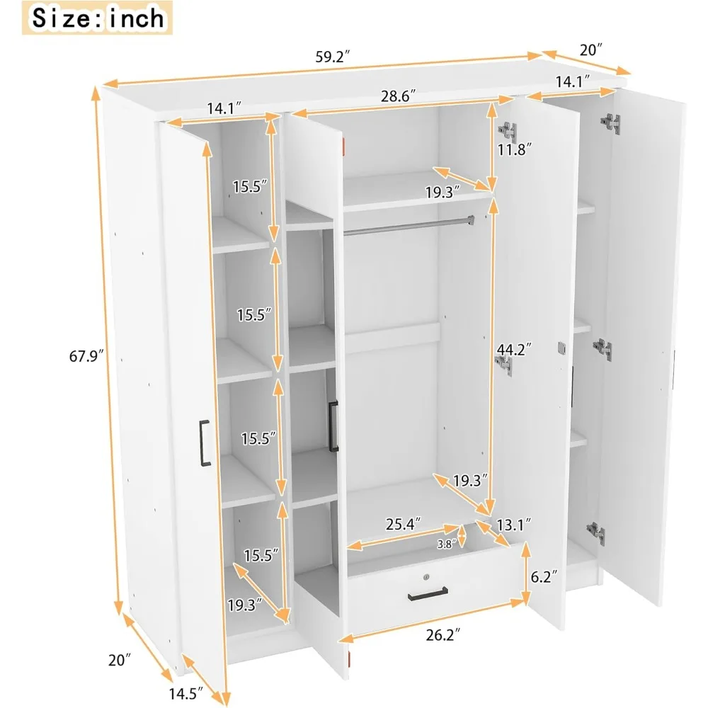 Modern four door wardrobe with drawers, vanity mirror and hanging basket, clothing storage cabinet, independent wardrobe 4