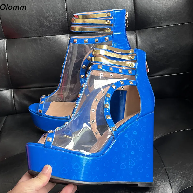 

Olomm Handmade Women Platform Sandals Studded Wedges Heels Peep Toe Beautiful Blue Heart Night Club Shoes US Plus Size 5-20