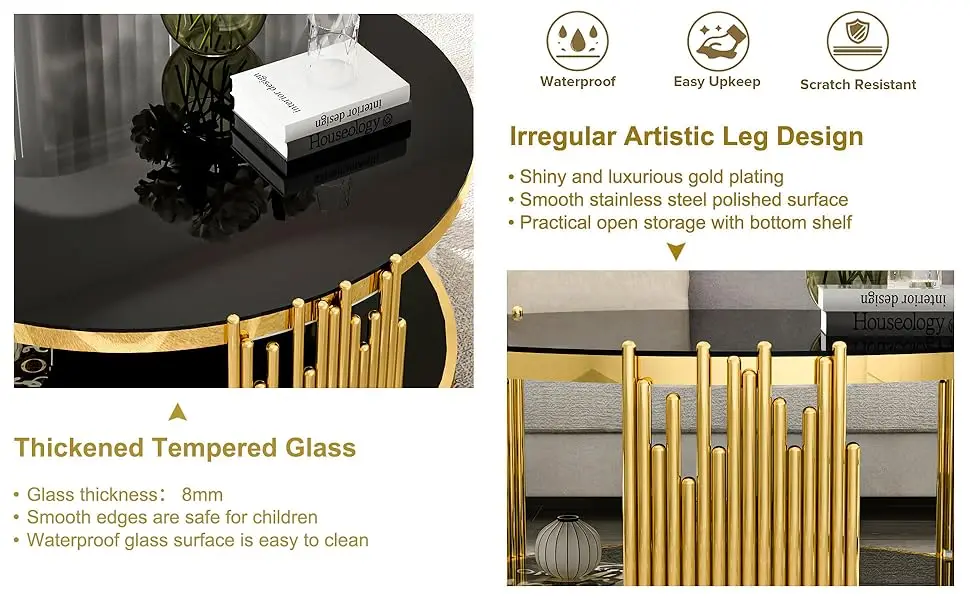 Description Picture 4 of itemCoffee Table Round Modern Living Room Table, Gold Stainless Steel Metal Leg Clear Tempered Glass, Sofa Center Table, Gold