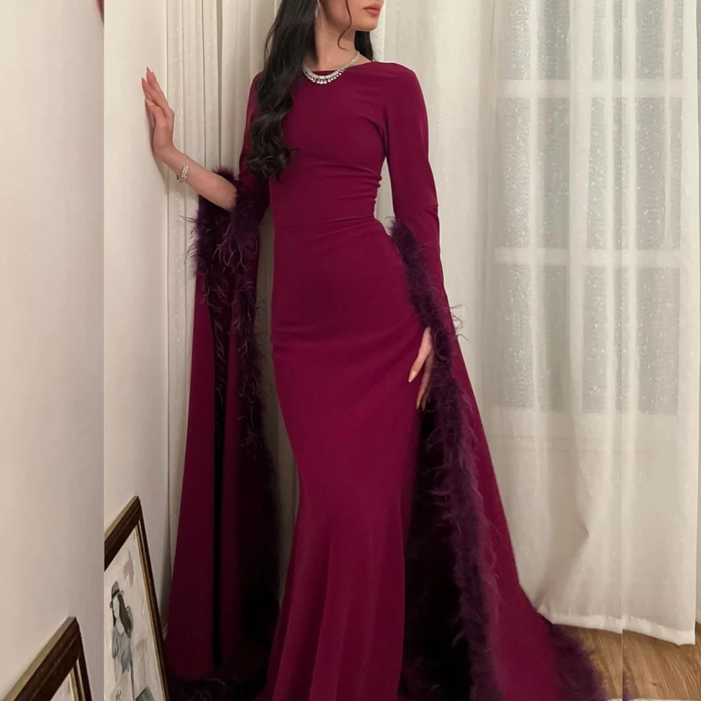 Jiayigong  Jersey Feather Celebrity Sheath Scoop Neck Bespoke Occasion Gown Long Dresses Saudi Arabia