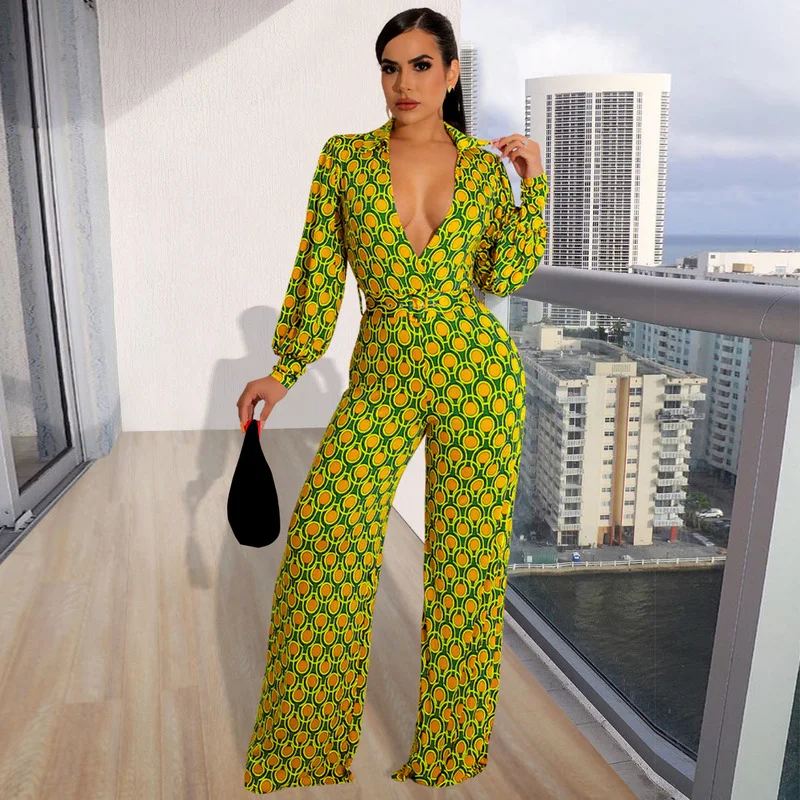 

KEXU Geometrical Dot Print Turn-down V-neck Loose Straight Jumpsuit Casual Women Playsuit Shirt Style One Piece Overalls Street
