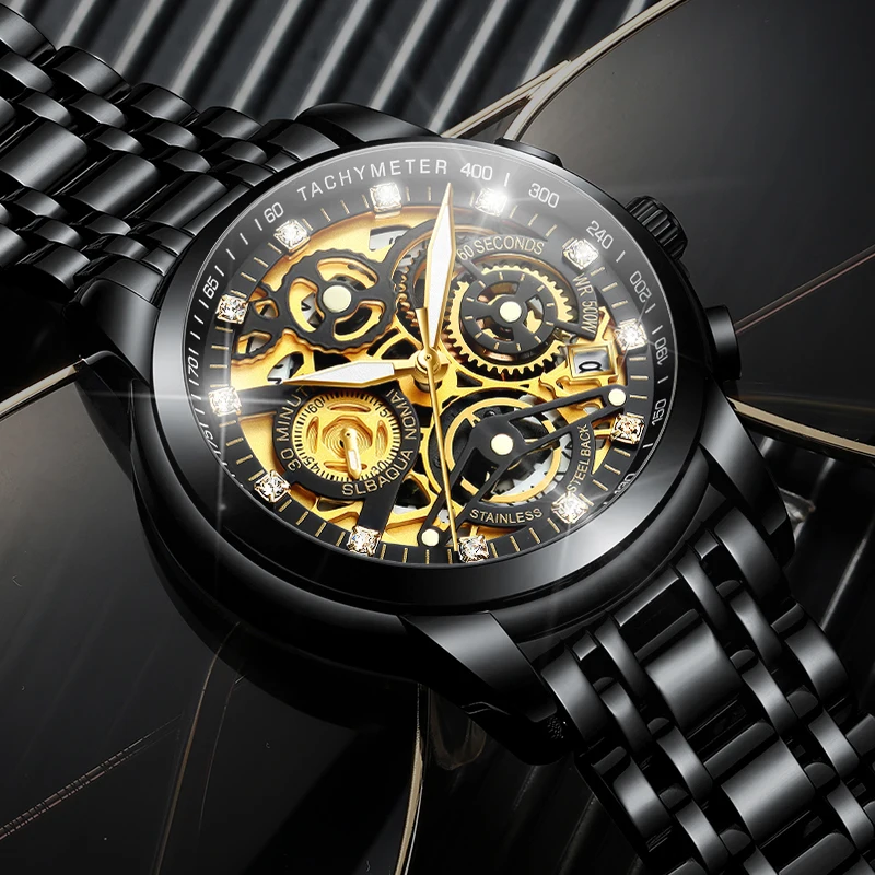 Original Luxury Men's Quartz Watch Premium Gold Stainless Steel Strap Rhinestone Multi-Function Dial Business Clock Gift New