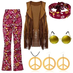 New Halloween Hippie Costume Women's Set for Carnival 70s Clothing Accessories Six-Piece Set Tassel Vest+Pants+Headband Set