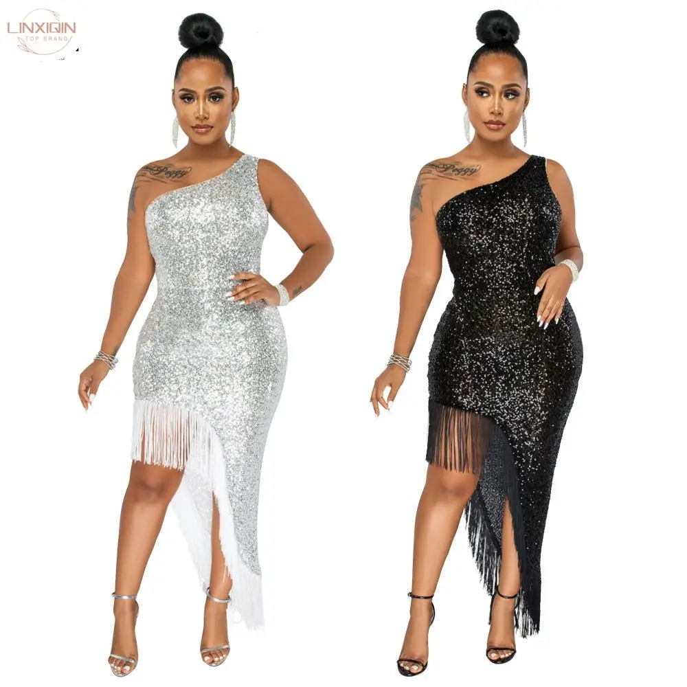 

Glitter One Shoulder Sheer Tassel Sequin Ruched Sleeveless Bodycon Dress Women Dress Party Dresses Dropshipping