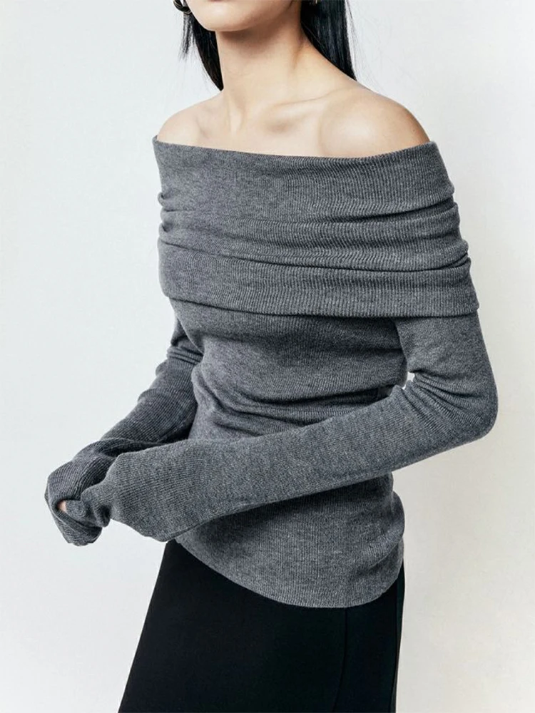 Slash Neck Sweater Women Tops Knitted Slim Basic All-match Sexy Elegant Off Shoulder Autumn Winter Long Sleeve Pullovers Female 6
