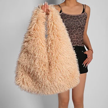 Borsa a Tracolla in Peluche Lungo Stile Europeo-Americano, Grande Capacità, Finta Lana, Forma Triangolare, Borsa Casual Monocolore alla Moda