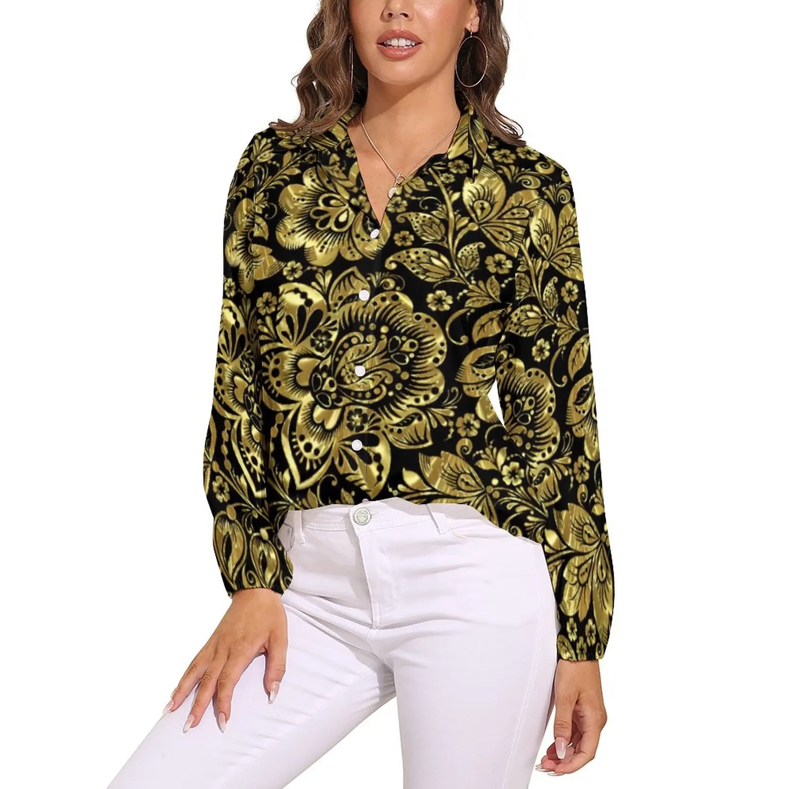 Shiny Gold Baroque Blouse Long-Sleeve Black Floral Damasks Aesthetic  Blouses Women Simple Oversized Shirt Pattern Tops Gift - AliExpress, image size:1600x1600