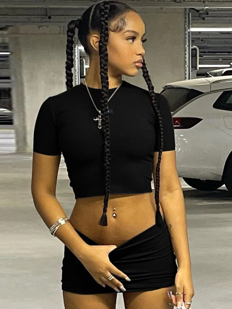 

Y2K 2023 Summer Women Short Sleeve Crop Top And Mini Skirt Sets 2 Piece Sets Outfit Sexy Night Club Outfits Streetwear Set