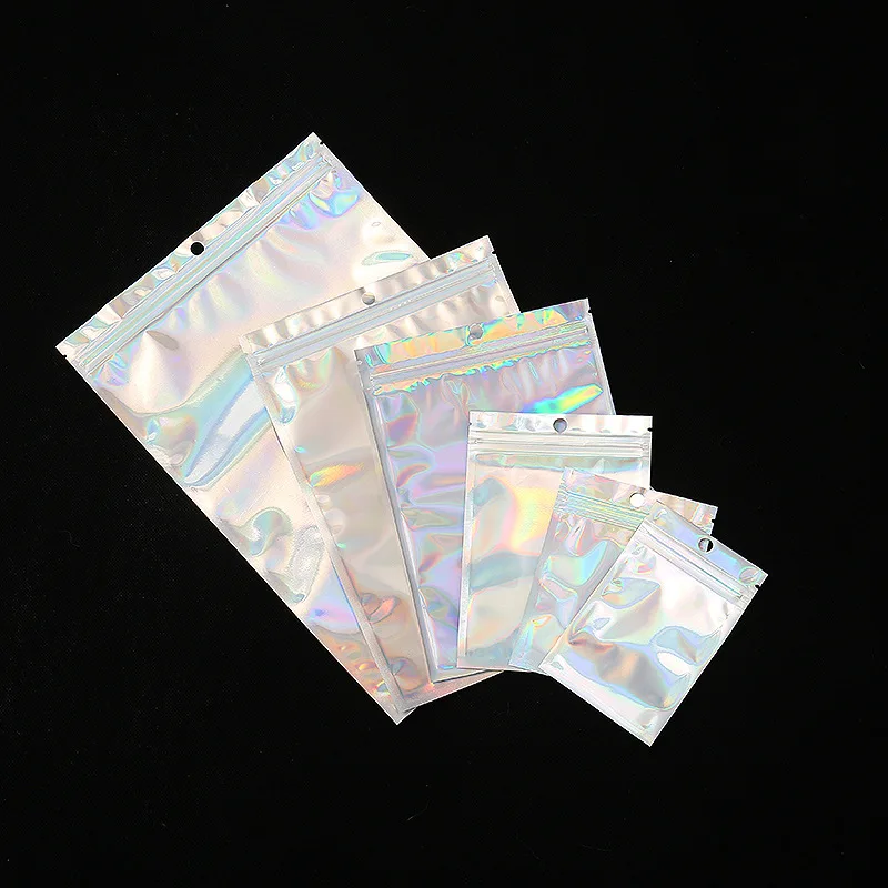 100pcs Iridescent Self Sealing Bags Colorful Laser Iridescent OPP Pouches Resealable Zip Lock Packaging for Jewelry Retail Bags 20 50pcs holographic laser resealable ziplock bags packaging 10 5x15cm thicken mylar bags for jewelry storage retail display