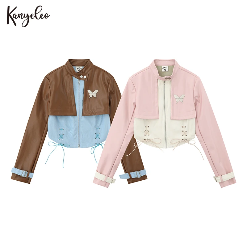 

Color collision splicing PU leather fall and winter models tide design butterfly decoration collar strap short jacket