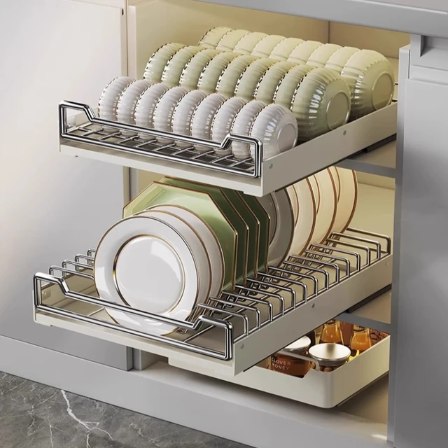 ชั้นวางจานสแตนเลสแบบดึงออกได้ ชั้นวางจานแบบลิ้นชัก ชั้นวางจานแบบมีรูระบายน้ำ ทนทาน ผลิตจากเหล็กแข็งแรง รางเลื่อนแบบลูกปืนเงียบ 5