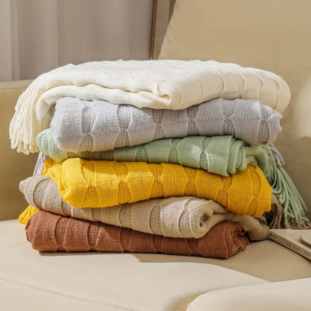 

Textile City Ins Solid Tassel Blanket Home Decor Throw Blanket Acrylic Cashmere Soft Comforter Cover Jacquard Knit Nap Blanket