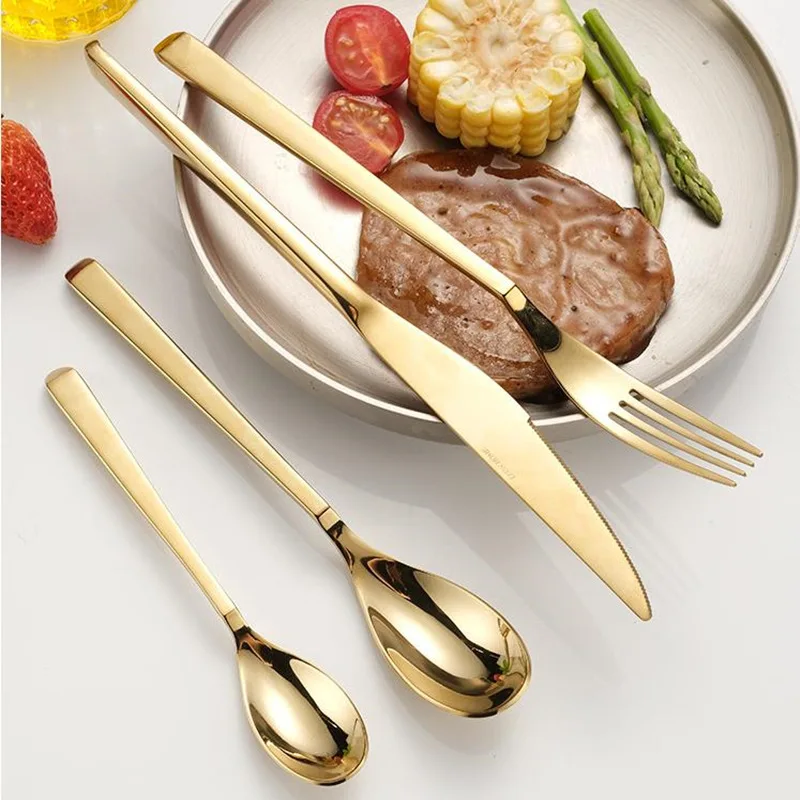 

24Pcs Gold 304 Stainless Steel Dinnerware Set Dinner Knife Fork Cutlery Set Service For 6 Silver Flatware Drop Shipping