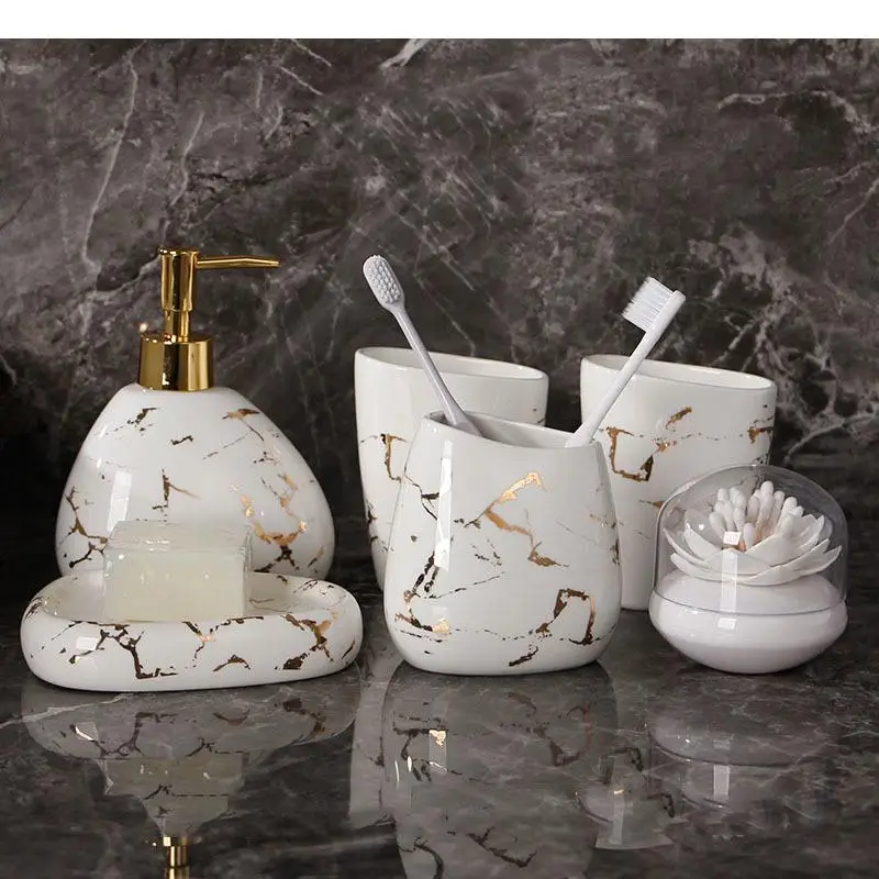 

Golden Marble Texture Ceramic Bathroom Accessories 6pcs/set Portable Soap Dispenser Toothbrush Holder Mouth Cup Bathroom Shelf