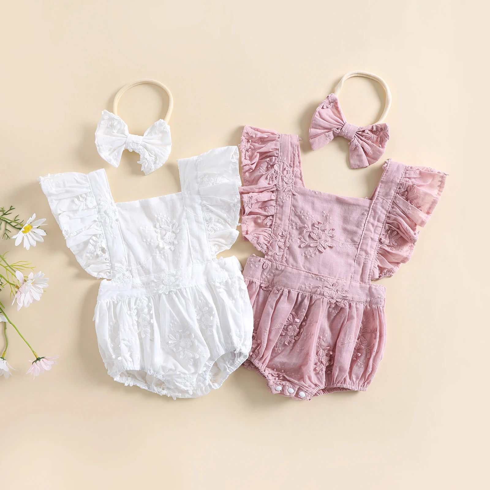 2Pcs Summer Baby Girl Rompers Newborn Baby Clothes Toddler Ruffle Lace Floral printed Jumpsuit With Headband coloured baby bodysuits