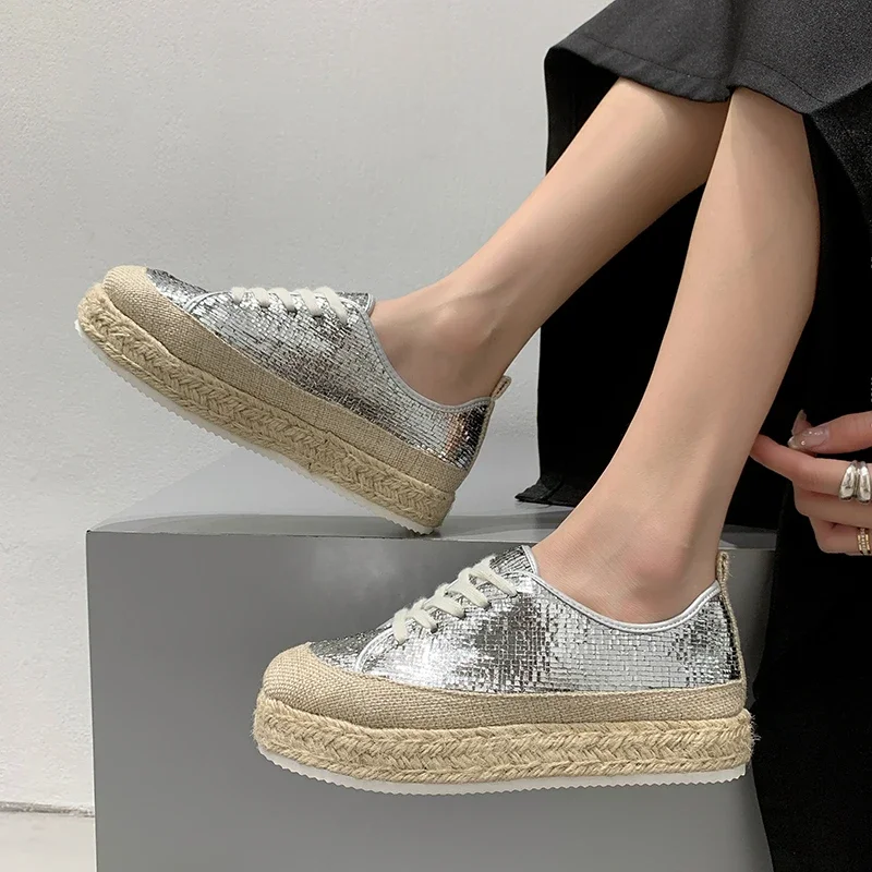 

Hot Sale Women's Loafers Shoes Comfy Flats Shoes Solid Color Sequin Breathable Lace Up Platform Casual Shoes Кроссовки Женские
