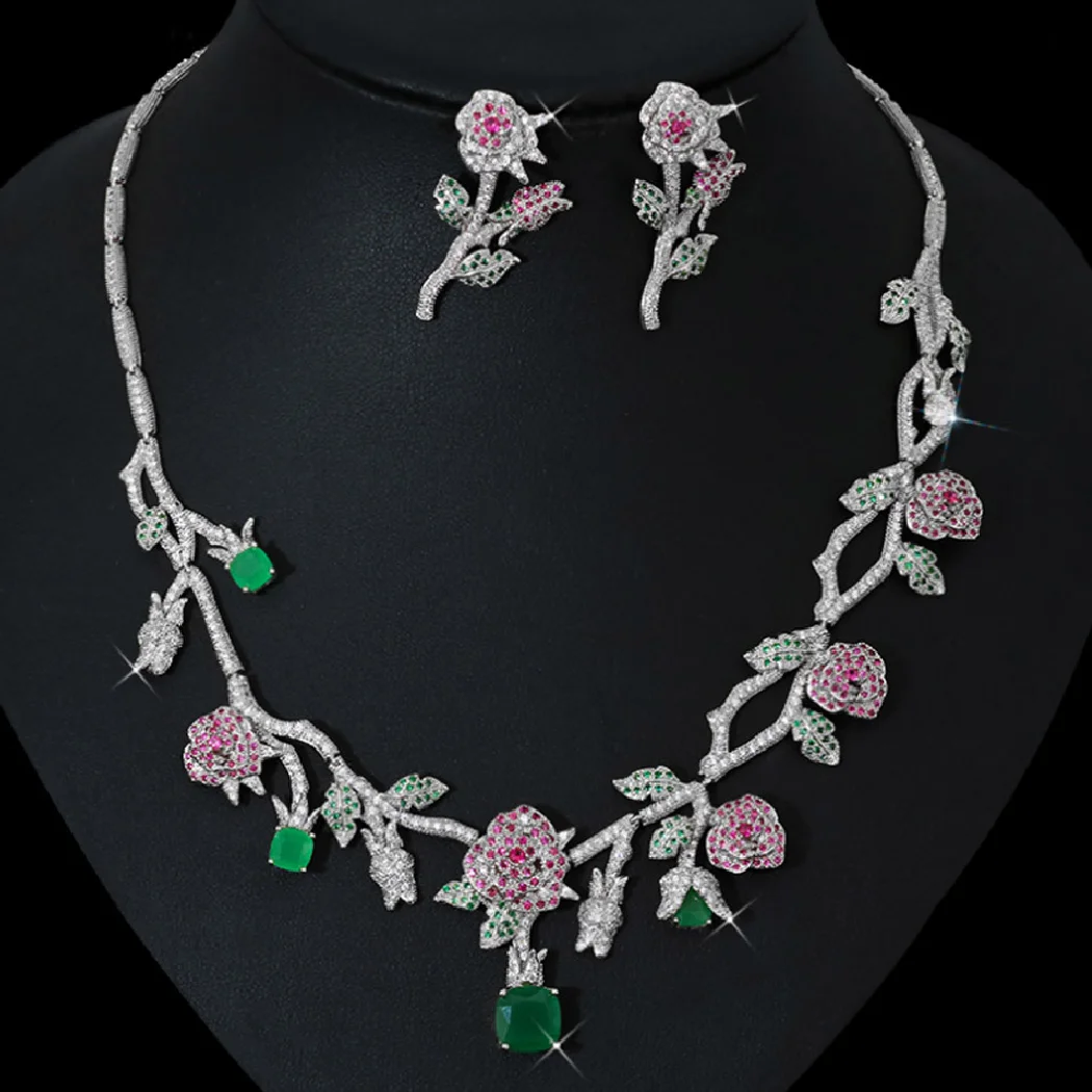 

Trendy Gold and silver Color Green Zirconia Women's flower wedding necklace with earring jewelry set high Women bridal neclace