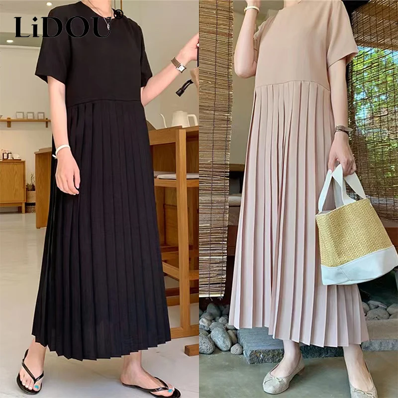 

2023 Summer Korean Fashion Elegant Pleated Loose Dress Female Solid Simple Casual Folds Patchwork Robe Lady Short Sleeve Vestido