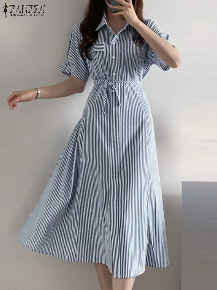 

Платье ZANZEA женское офисное в полоску, модный винтажный сарафан с коротким рукавом, с воротником с лацканами, элегантный свободный наряд, оверсайз