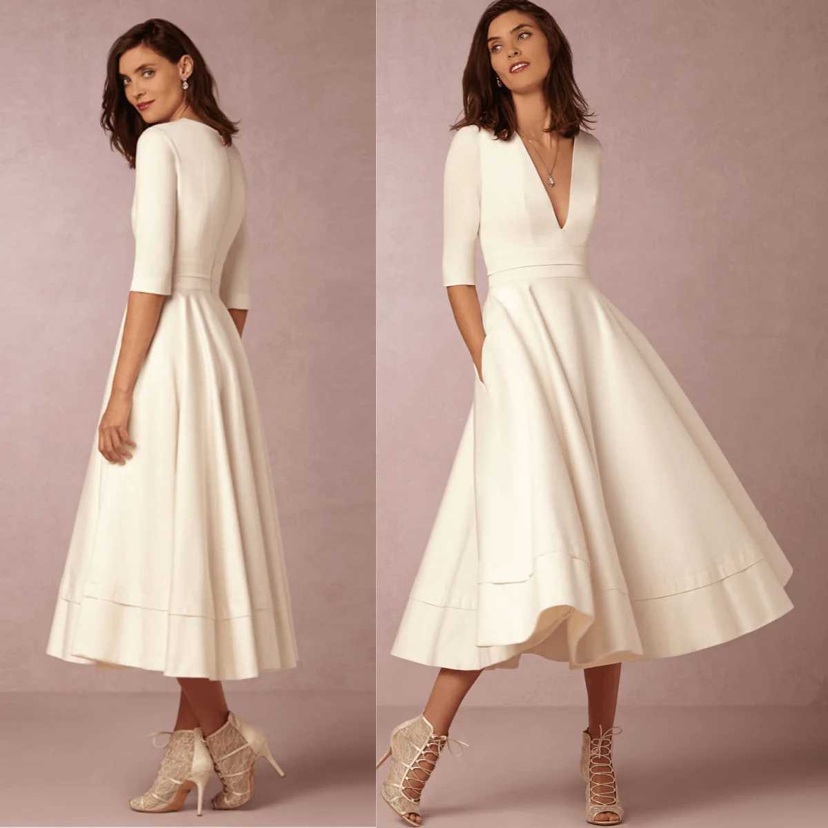 

14603#IENA Elegant Simple A-Line Deep V Neck Half Sleeves Tea-Length Satin Evening Dress Gowns Mother of the Bride Dresses ODE