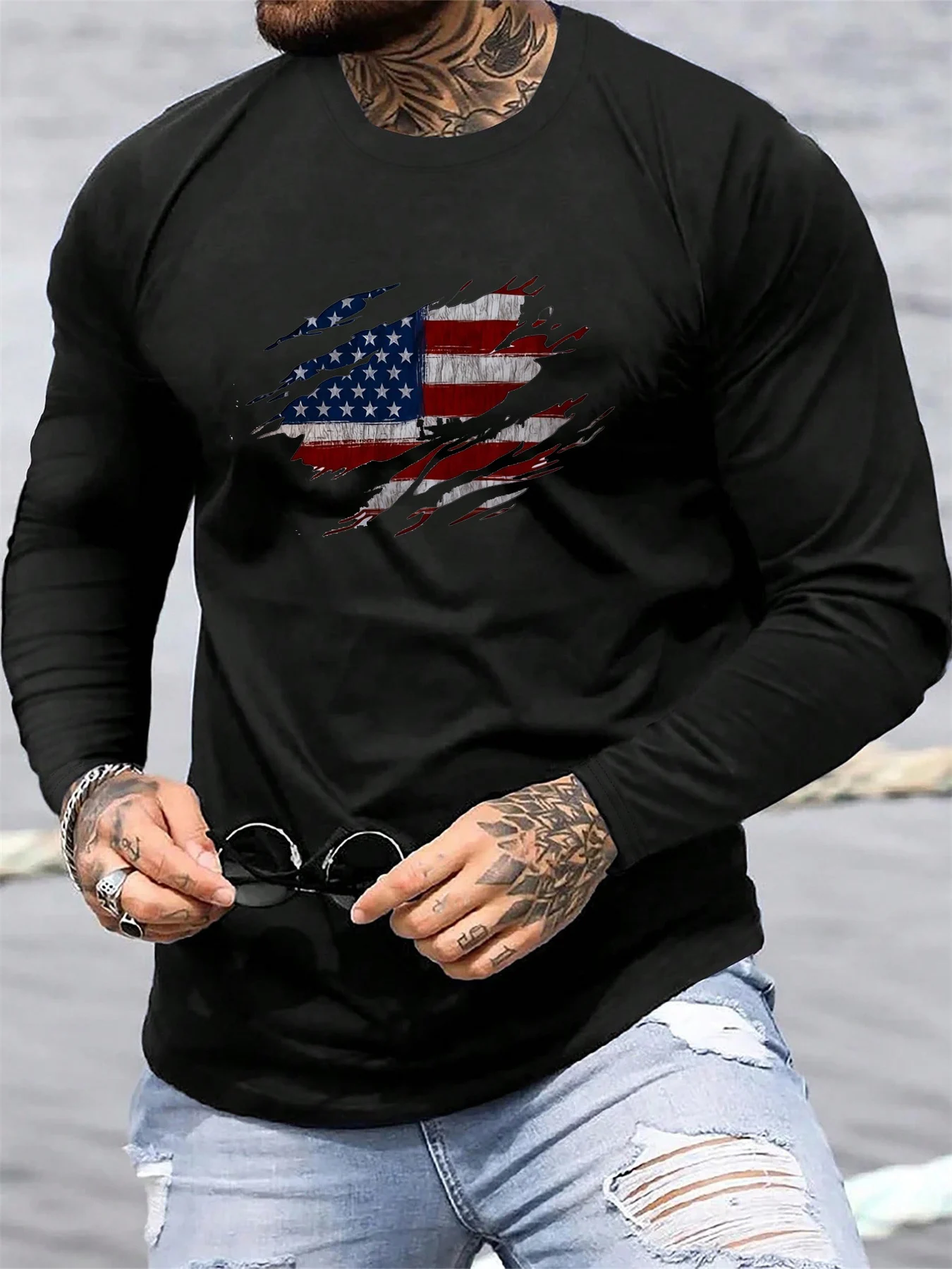 Men's 100% pure cotton loose and comfortable casual sports American flag pattern printed round neck long sleeved T-shirt top