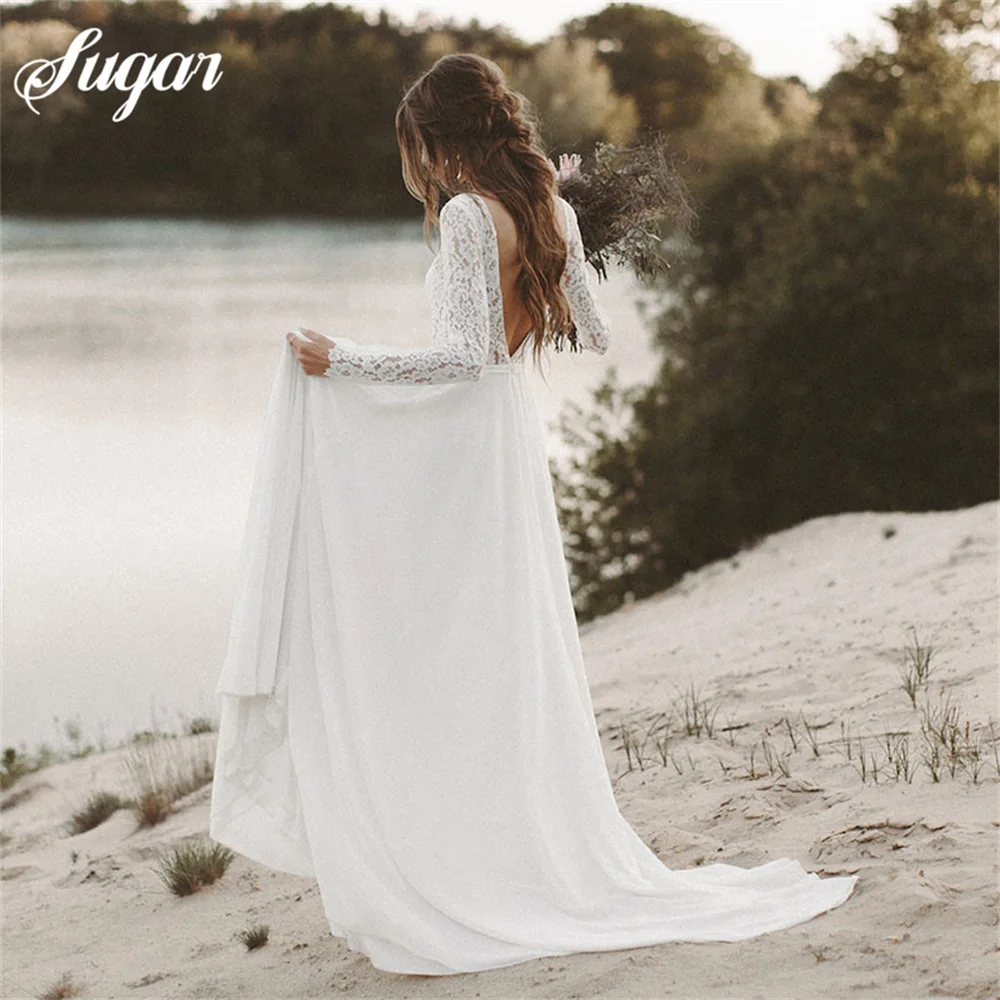 

Beach Wedding Dresses Full Sleeve V-Neck Open Back Boho Bridal Gowns Chiffon Princess Party Dresses Sweep Train robe de mariée