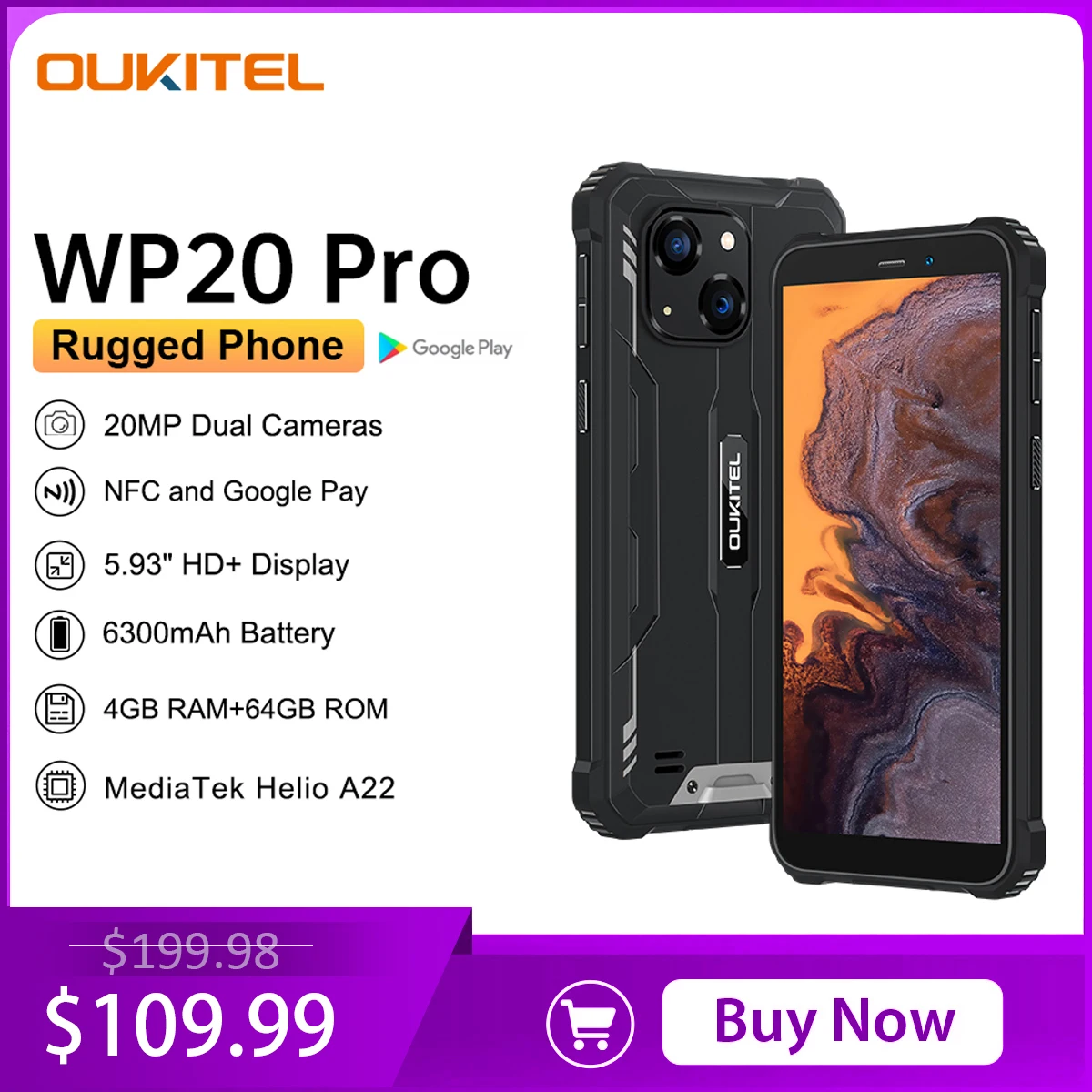 Smartphone Oukitel Smartphone WP20 Pro Robuste 5.93 écran 4Go/64Go IP68  Etanche 6300mAh 20MP Téléphone Double SIM 4G NFC GPS - Noir