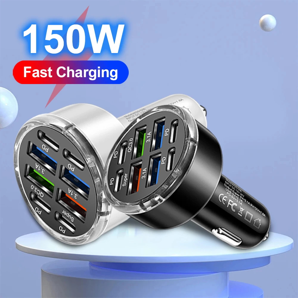 150W 8 Ports Car Phone Charger PD QC3.0 USB C Adapter for iPhone Samsung Huawei Xiaomi