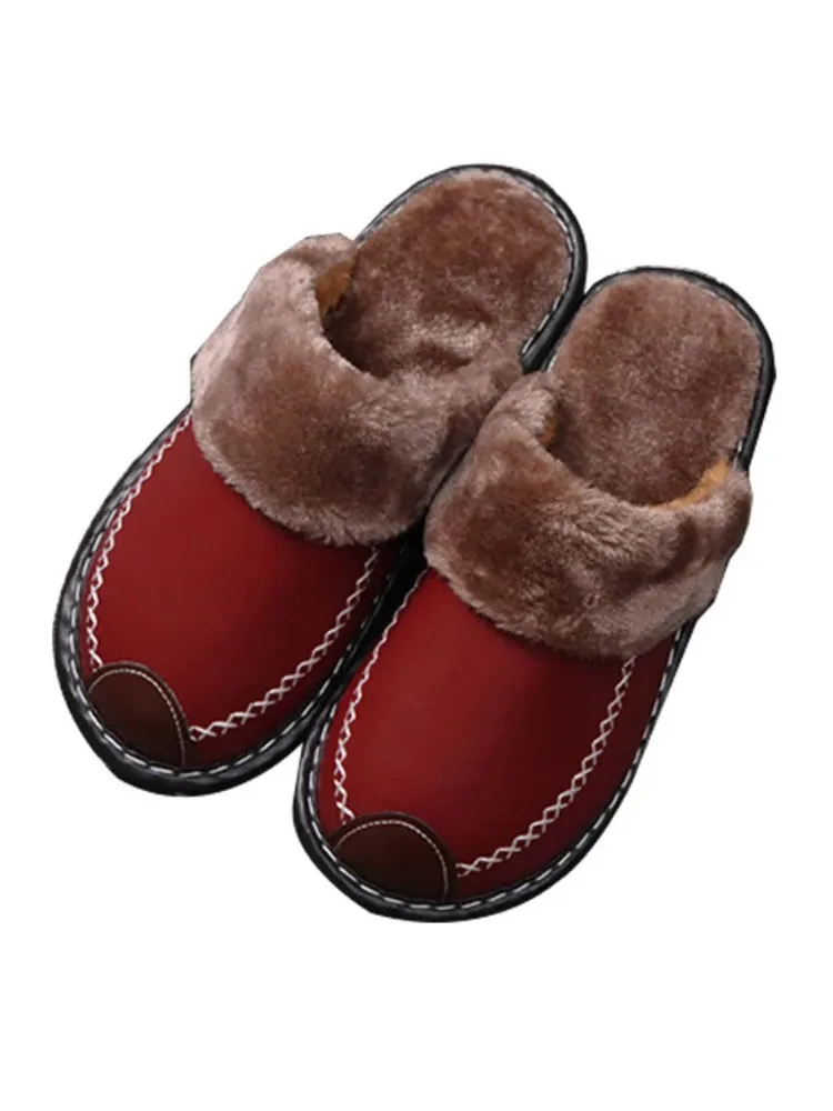 Warm cotton slippers indoor thick soled home shoes in winter Korean wool slippers for men and women couples leather slippers 5