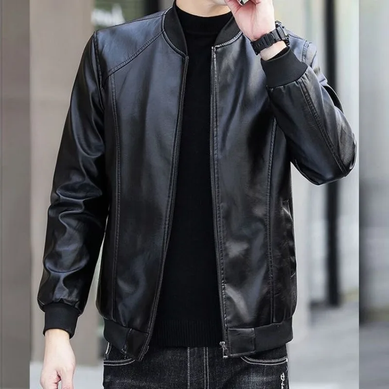 Leather Jacket Men Windproof Windbreaker Business Men Clothing Coat Zipper Long Sleeve Slim Stand Collar Coat PU Leather Jacket