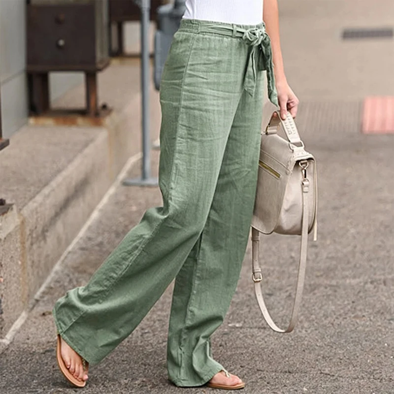 Umitay Ladies Solid Color Cotton Linen Elastic Waist Loose Wide Leg Pants  Casual Pants linen pants for women