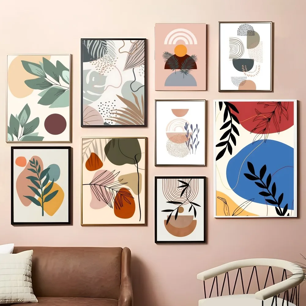 

Leaves Sun Moon Geometric Abstract Poster Self-adhesive Art Poster Retro Paper Sticker DIY Room Bar Cafe Vintage Decorative