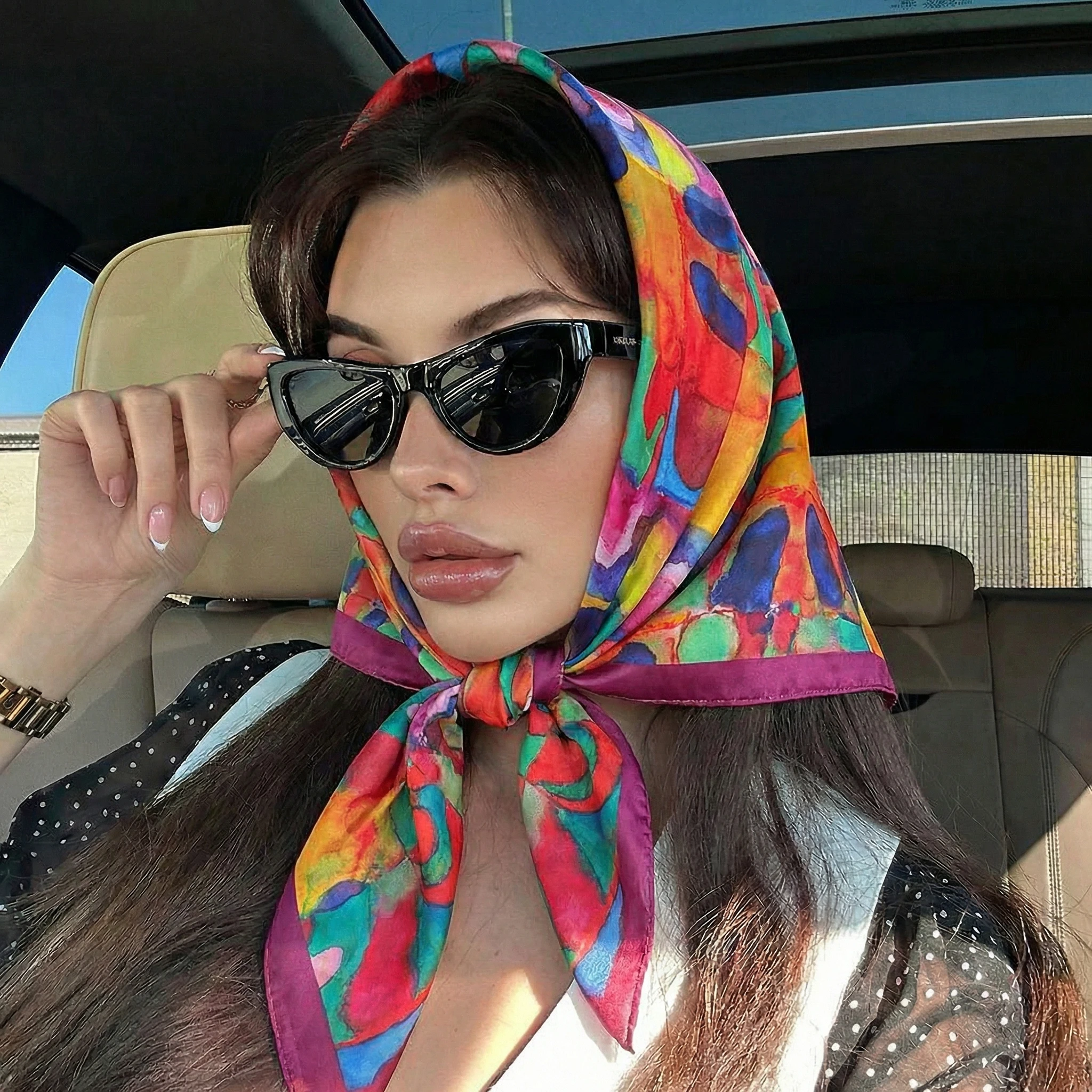 Damen Frühling Sommer Quadratischer Schal 70*70cm Satin Seidenschal Kopftuch Damen Foulard Strand Bandana Damen Halstuch Haarband – Detail 2