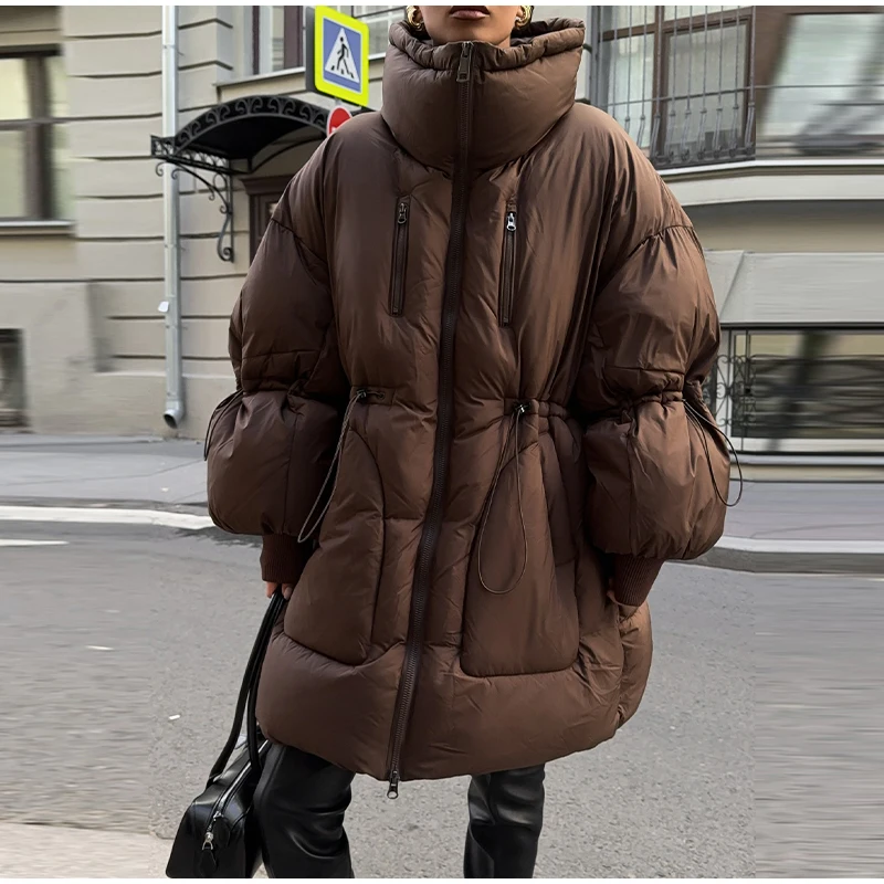 Übergroße Pufferjacke für Damen mit Hohem Kragen, Langen Ärmeln, Kordelzug an der Taille, Mehreren Taschen, Warmer Mantel, Wintermode 2025 – Detail 16