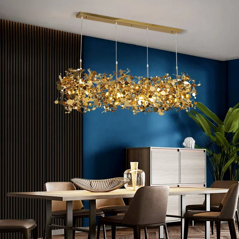 

Modern Stainless Steel Chandelier Leaf Sequin Restaurant Hanging Lamp Golden Personality Shop Bar Kitchen Island Hanging Lamp