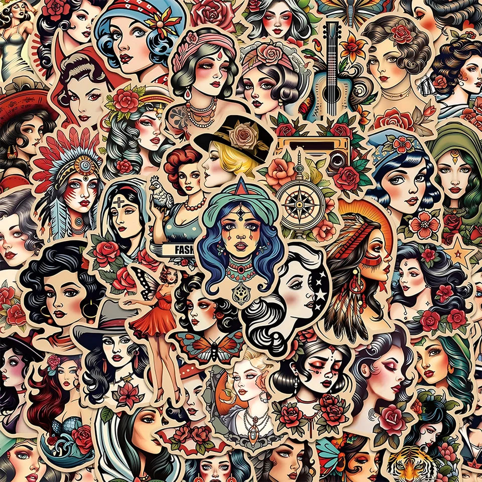 10/30/50 Stück Retro Kunst Tattoo Mädchen Aufkleber Coole