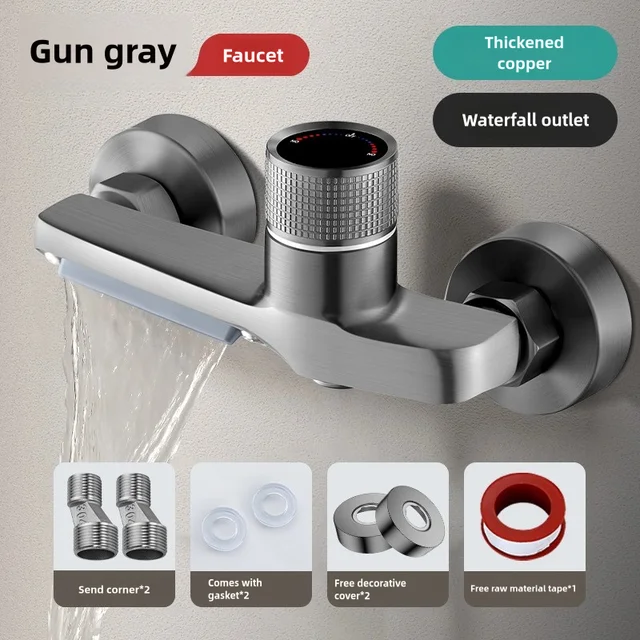 อ่างอาบน้ําสีเทาน้ําตกอ่างอาบน้ําก๊อกน้ําพร้อมฝักบัวมือทองเหลือง Chrome ติดผนังห้องน้ําฝักบัวแตะชุดระบบ 1