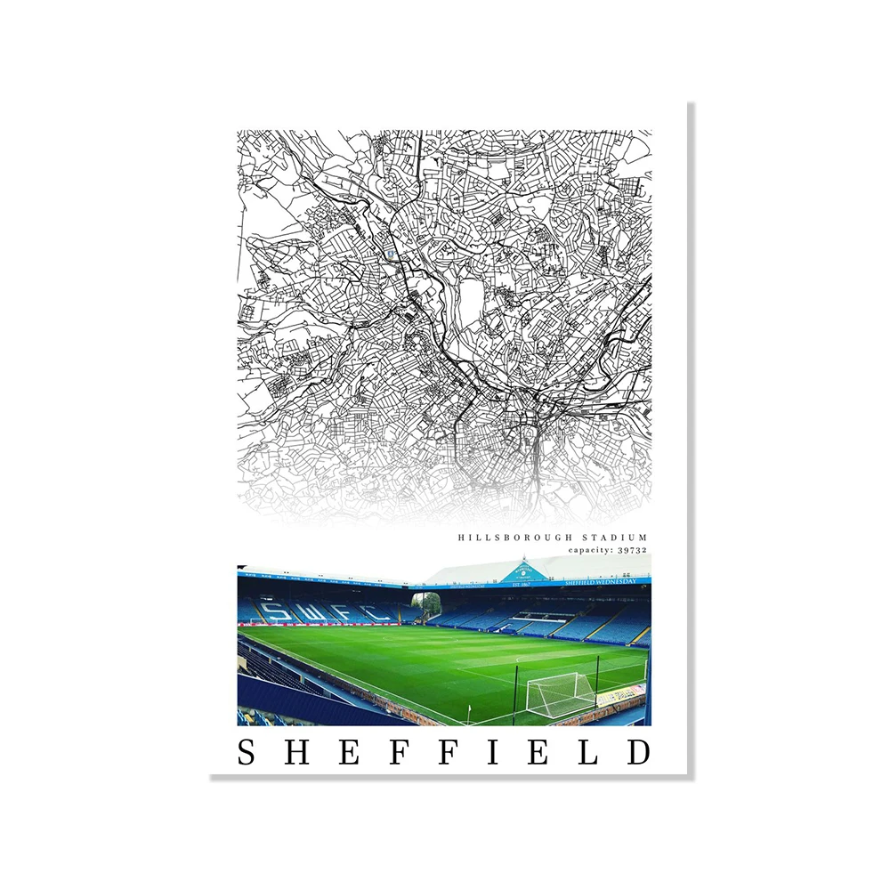 UK Football Stadium City Map Canvas Wall Art - Black and White Soccer Fan Home Decor (Unframed)
