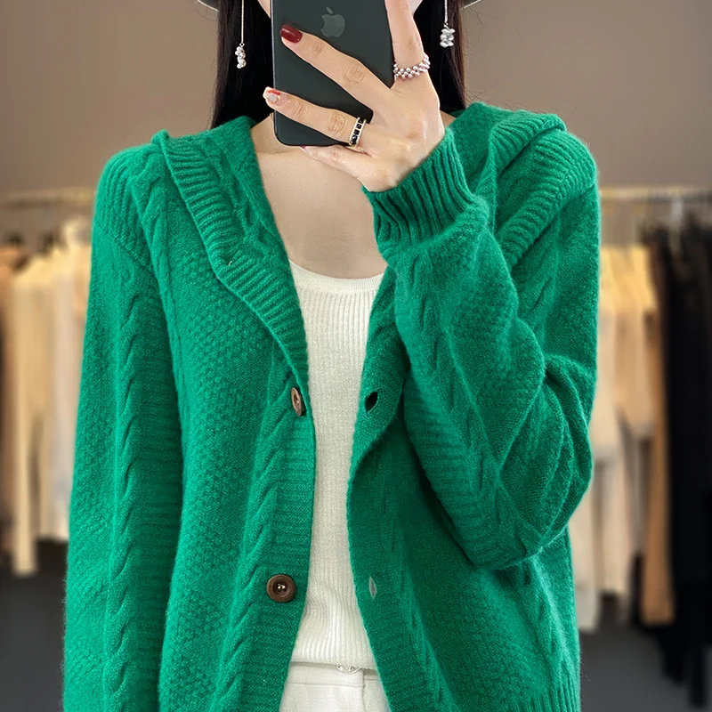 

Autumn and winter new women's 100% merino wool sweater solid color button hooded knit cardigan casual fashion loose top coat