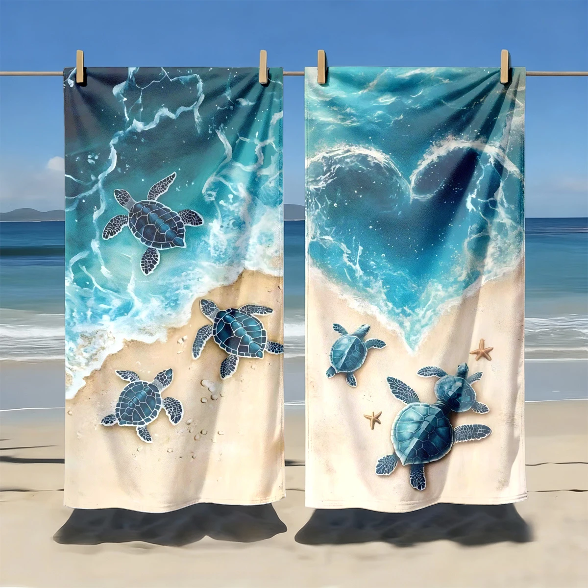 Set Of 2 Assorted Summer Beach Towels Ocean Turtle Starfish Prints_voghion.com
