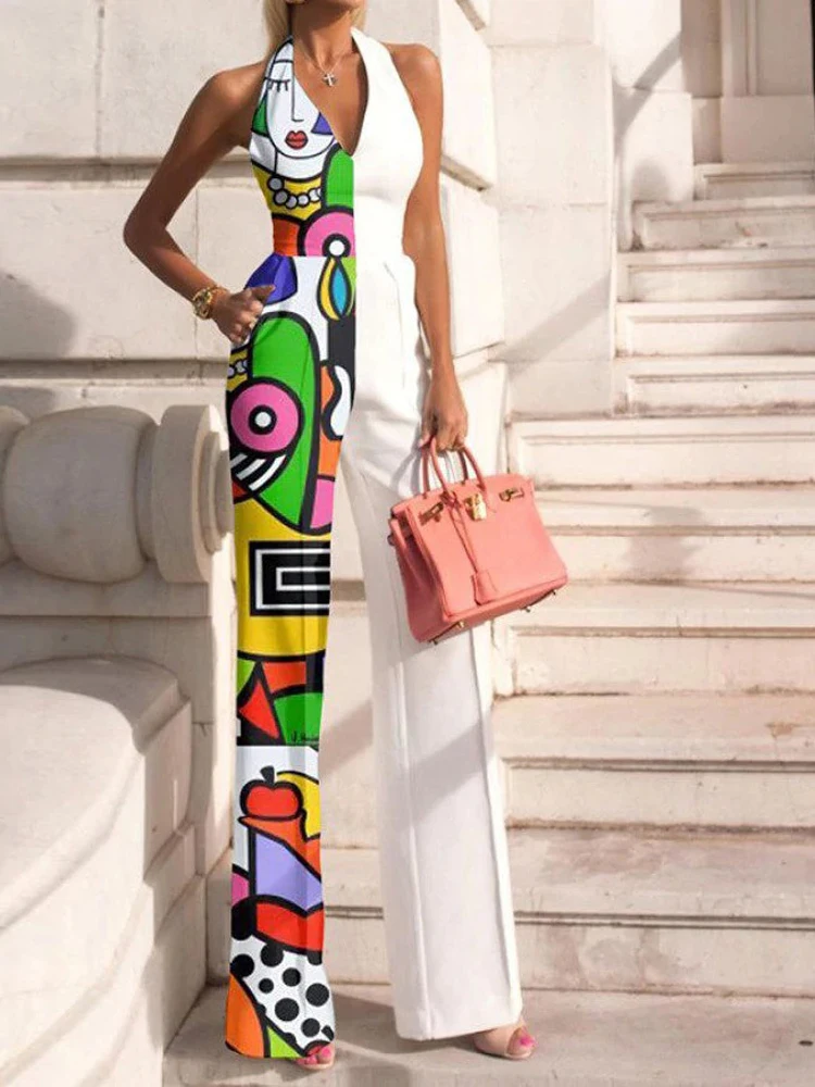

New Pattern Patchwork Office Overalls Playsuit Women V-neck Sleeveless Hanging Neck Jumpsuits Elegant Wide Leg Pants Rompers