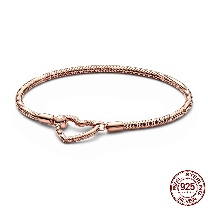 

Романтичный брендовый браслет-цепочка из розового золота с застежкой в форме сердца и змеи, оригинальный Шарм, браслет из серебра 925 пробы для женщин