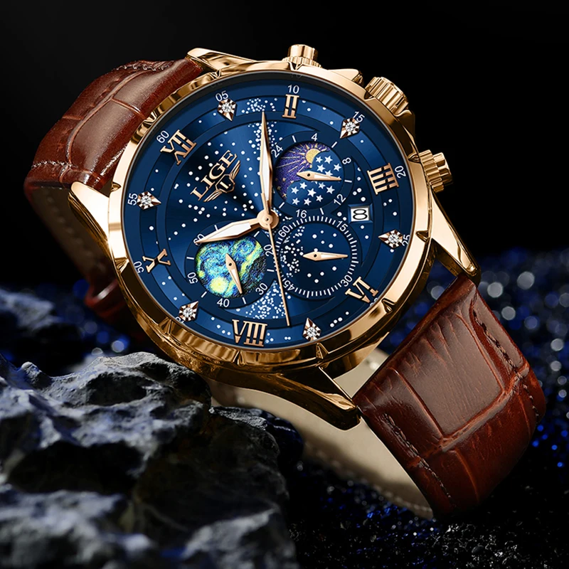 LIGE Men Watch Fashion Brown Leather 24 Hour Moon Phase Watch Men Military Waterproof Luminous Quartz Chronograph Reloj Hombre