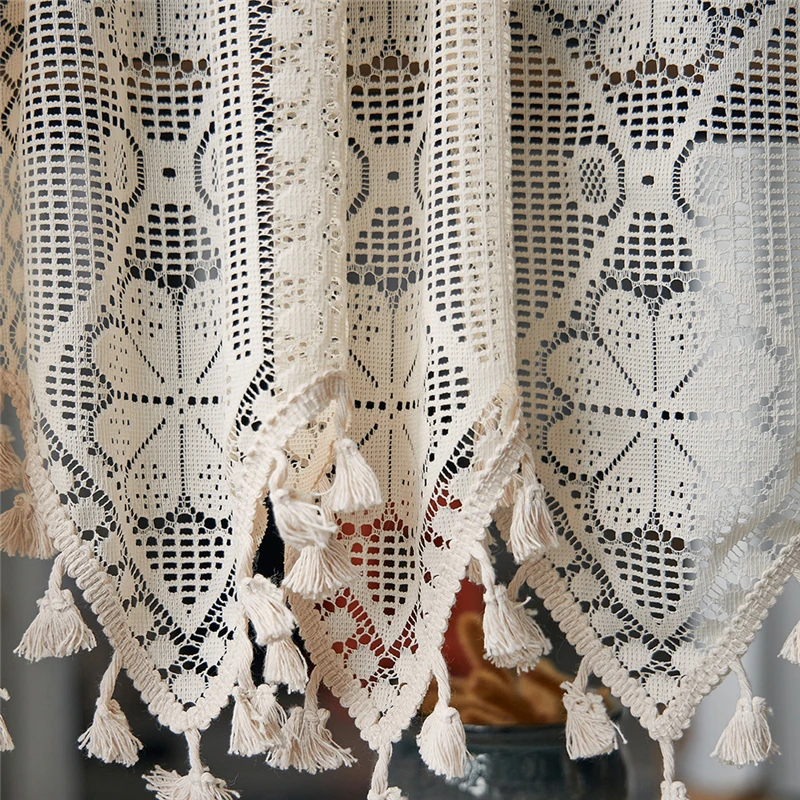 American Country Crochet Wave Hollow Short Curtains for Roman Window Kitchen Manual Rhombus Tassels Half Curtains Valance #A594 4